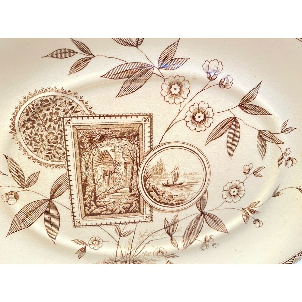 Antique James Beech Perak Brown Transferware Circa 1850 Tunstall Pickle Dish - Picture 3 of 5
